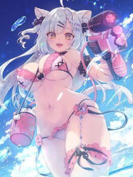 1girl absurdres animal_ears bikini breasts cat_ears cat_tail character_request copyright_request facing_viewer highres konomi_(kino_konomi) large_breasts long_hair navel solo swimsuit tail thigh_strap virtual_youtuber water_gun