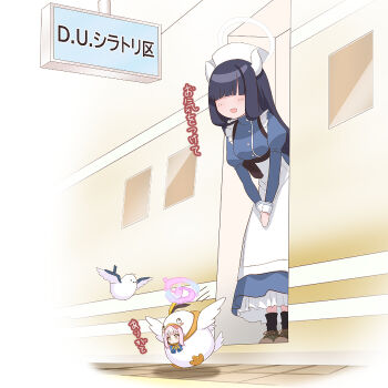 2girls alternate_costume bird bird_costume black_hair blue_archive blunt_bangs commentary_request demon_girl demon_horns halo hat horns long_hair long_sleeves looking_at_another medical_emergency_club_member_(blue_archive) mika_(blue_archive) mini_person minigirl multiple_girls nurse nurse_cap o_(rakkasei) peroro_(blue_archive) pink_hair sidelocks size_difference train train_station_platform yellow_eyes