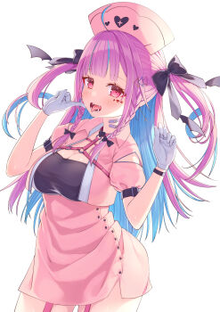 1girl absurdres ahoge bandaid bandaid_on_neck blue_hair blunt_bangs blush breasts buttons colored_inner_hair contrapposto cowboy_shot cropped_shirt facial_mark fangs garter_straps gloves hair_ornament hair_ribbon hairclip high-waist_skirt highres hololive kage_(ka_9e_4su) large_breasts long_hair looking_at_viewer maid_headdress minato_aqua miniskirt multicolored_hair nurse pink_garter_straps pink_shirt puffy_short_sleeves puffy_sleeves purple_eyes purple_hair ribbon sharp_tongue shirt short_sleeves side_slit simple_background skirt solo streaked_hair tongue tongue_out triangle_hair_ornament two_side_up underbust virtual_youtuber w_arms white_background white_gloves