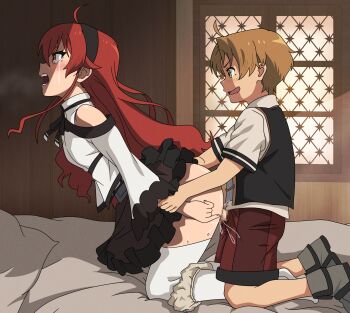 1boy 1girl ahoge arm_held_back ass bare_shoulders bed blush censored kodomo_doushi clothed_sex crying doggystyle eris_greyrat eufoniuz from_side hair_ornament hairband heavy_breathing hetero highres indoors kneeling loli long_hair matching_hair/eyes moaning mosaic_censoring mushoku_tensei off-shoulder_shirt off_shoulder open_mouth panties_around_leg penis profile pussy_juice red_eyes red_hair rudeus_greyrat sex sex_from_behind shirt shota skirt skirt_around_belly smile streaming_tears tears thighhighs white_thighhighs