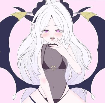 1girl ahoge atelier_seramist black_bra blue_archive bra breasts demon_girl demon_horns demon_wings highres hina_(blue_archive) horns long_hair looking_at_viewer low_wings navel open_mouth purple_eyes simple_background small_breasts solo underwear very_long_hair white_hair wings