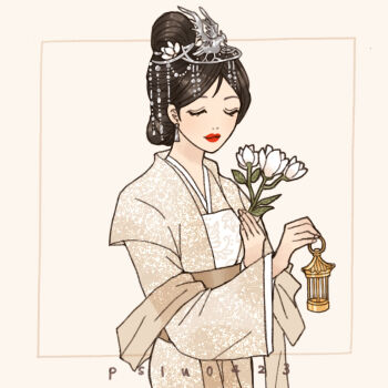 1girl animification black_hair closed_eyes closed_mouth dress fa_mulan_(disney) highres jewelry long_sleeves makeup mulan_(movie) peilu_(pslu0423) princess red_lips simple_background sleeveless sleeveless_dress smile solo tiara white_dress