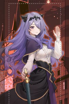 1girl aged_down axe black_skirt breasts camilla_(fire_emblem) camilla_(young_beauty)_(fire_emblem) capelet closed_mouth fake_horns fire_emblem fire_emblem_fates fire_emblem_heroes hair_over_one_eye holding holding_axe horns kero_sweet long_hair long_sleeves looking_at_viewer nintendo official_alternate_costume purple_capelet purple_eyes purple_hair shirt skirt smile solo tiara waving wavy_hair white_shirt