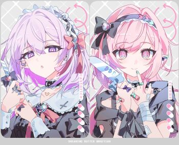 2girls :3 alternate_costume bandaged_arm bandages black_choker black_dress black_hairband black_headdress castorice_(honkai:_star_rail) choker cyrene_(demiurge)_(honkai:_star_rail) cyrene_(honkai:_star_rail) diamond-shaped_pupils diamond_(shape) dress hair_intakes hairband hashtag-only_commentary holding holding_knife honkai:_star_rail honkai_(series) knife long_hair looking_at_viewer multiple_girls pink_hair pointy_ears punch_(punchrecipe) purple_eyes purple_hair smile symbol-shaped_pupils very_long_hair