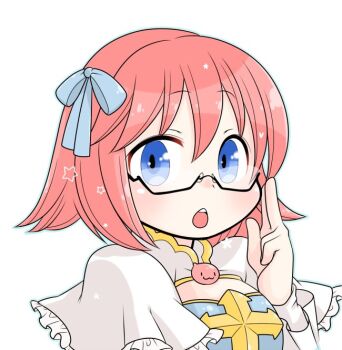 1girl arch_bishop_(ragnarok_online) black-framed_eyewear blue_bow blue_dress blue_eyes blush bow brooch cleavage_cutout clothing_cutout commentary_request cross dress glasses hair_bow jewelry looking_at_viewer oekakipikki open_mouth pink_hair poring portrait ragnarok_online semi-rimless_eyewear short_hair simple_background solo two-tone_dress under-rim_eyewear upper_body white_background white_dress