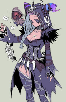 1girl black_lips black_thighhighs blue_dress braid breasts button_eyes buttons choker cleavage curvy dress feather-trimmed_dress feet_out_of_frame fingerless_gloves fiona_gilman fiona_gilman_(morgan_the_fairy) forehead gloves goat_horns grey_hair highres hood hood_up horns horns_through_hood identity_v looking_at_object makeup medium_breasts mini_hastur o-ring o-ring_choker official_alternate_costume purple_horns runny_makeup side_braid speech_bubble thick_thighs thighhighs thighs wide_sleeves yousuke_(yosk)