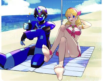 1boy 1girl alia_(mega_man) alternate_universe android anklet arm_on_knee armor barefoot beach blue_armor blue_sky breasts cloud cloudy_sky crossed_legs faceless hand_on_own_knee headband highres humanoid_robot jewelry large_breasts mechanical_arms mechanical_legs mega_man_(series) mega_man_x_(series) no_pupils ocean open_mouth pink_headband rikka_(user_hruv2435) robot robot_ears robot_girl shirt sitting skirt sky smile soles swimsuit swimsuit_alia_(mega_man) thumbs_up toes white_shirt x_(mega_man)