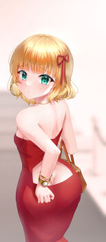 Rule 34 | 1girl, absurdres, aqua eyes, ass, back, bag, blonde hair, dress, earrings, evening gown, gochuumon wa usagi desu ka?, highres, jewelry, kirima syaro, looking back, okdy dr anid, red dress, watch
