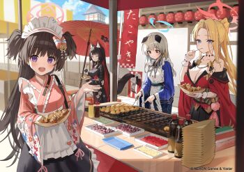 4girls animal_ears bare_shoulders black_hair blonde_hair blue_archive bow breasts commentary_request eating food fox_ears fox_girl halo hidulume highres japanese_clothes kimono large_breasts long_sleeves multiple_girls official_art open_mouth outdoors pina_(blue_archive) shizuko_(blue_archive) small_breasts smile takoyaki umbrella umika_(blue_archive) wakamo_(blue_archive)