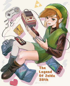 1boy anniversary artist_name black_eyes boots brown_boots brown_hair brown_sleeves commentary_request famicom famicom_gamepad floating full_body game_console green_hat green_tunic handheld_game_console hat heart highres link long_sleeves male_focus mia_ru1228 nintendo nintendo_3ds nintendo_64 nintendo_switch open_mouth pointy_ears sidelocks smile solo super_famicom_gamepad the_legend_of_zelda the_legend_of_zelda_(nes) tunic twitter_username