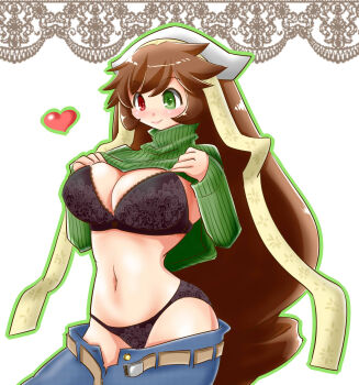 1girl alternate_breast_size_(larger) alternate_costume belt black_bra black_panties blush border bra breasts brown_belt brown_hair cleavage closed_mouth clothes_lift clothes_pull commentary_request cowboy_shot floral_print floral_print_bra floral_print_panties green_eyes green_sweater headscarf heart heterochromia highres itini-sanshi lace lace_border large_breasts long_hair looking_afar navel open_fly ornate_border panties pants pants_pull print_panties red_eyes rozen_maiden simple_background smile solo suiseiseki sweater sweater_lift turtleneck turtleneck_sweater underwear very_long_hair white_background white_headscarf