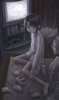 1girl backlighting bags_under_eyes barefoot black_hair can collared_shirt controller crt curtains female_focus game_cartridge game_console game_controller hair_ornament highres iwakura_lain looking_at_viewer magan0301 nintendo_64 nintendo_64_controller serial_experiments_lain shirt sitting solo static television x_hair_ornament
