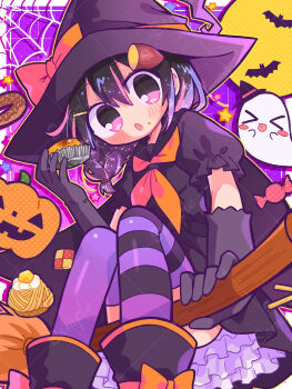 1girl :o asymmetrical_legwear bat_(animal) black_boots black_dress black_gloves black_hair black_sailor_collar black_thighhighs blush boots border braid broom broom_riding commentary_request crumbs cupcake dress feet_out_of_frame food ghost gloves hair_between_eyes halloween hat highres holding holding_food iriam looking_at_viewer medium_hair mismatched_legwear multicolored_hair neckerchief open_mouth orange_neckerchief otokana_sora outside_border pink_eyes pink_hair pumpkin purple_background purple_hat purple_thighhighs richard_(richaball) sailor_collar sample_watermark short_sleeves solo streaked_hair striped_clothes striped_thighhighs thighhighs two-tone_hair two-tone_thighhighs virtual_youtuber watermark watermark_grid white_border witch_hat