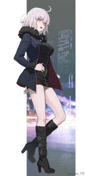 1girl absurdres ahoge black_boots black_dress blue_coat boots breasts coat commentary_request dress fate/grand_order fate_(series) full_body fur-trimmed_coat fur_trim grey_hair hair_between_eyes highres jeanne_d'arc_alter_(fate) knee_boots large_breasts looking_at_viewer open_clothes open_coat short_hair solo sooon standing yellow_eyes
