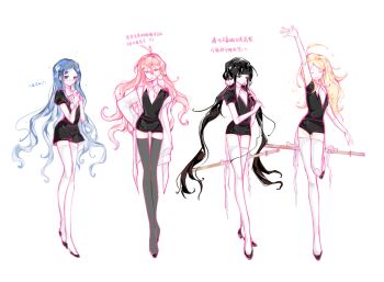 4girls ^_^ ahoge akamatsu_kaede antenna_hair black_hair black_shirt black_shoes black_shorts blonde_hair blue_eyes blue_hair blunt_bangs bored bow bowtie bracelet chinese_commentary chinese_text closed_eyes closed_mouth collared_shirt commentary_request danganronpa_(series) danganronpa_v3:_killing_harmony drooling elbow_gloves expressionless eyelashes flats frown full_body gee_lasi gem_uniform_(houseki_no_kuni) glasses gloves grey_thighhighs hair_between_eyes hair_ornament hair_scrunchie hand_on_own_hip happy harukawa_maki highres holding holding_own_hair houseki_no_kuni iruma_miu jewelry katana knee_up lab_coat layered_shirt long_hair long_hair_between_eyes looking_at_viewer low_twintails multiple_girls open_mouth own_hands_together puffy_short_sleeves puffy_sleeves red_eyes ribbon round_eyewear scrunchie sheath sheathed shirogane_tsumugi shirt shoes short_shorts short_sleeves shorts sidelocks simple_background smile sparkle standing sword thighhighs translation_request twintails very_long_hair wavy_hair weapon white_background white_bow white_bowtie white_gloves white_ribbon white_scrunchie white_shirt white_thighhighs