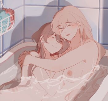 2girls artist_request character_request completely_nude copyright_request highres mixed-sex_bathing multiple_girls nipples non-web_source nude shared_bathing source_request tagme yuri