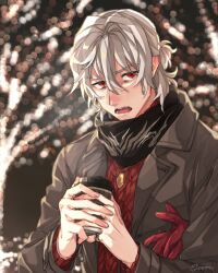 Rule 34 | 1boy, alternate costume, antonio salieri (fate), antonio salieri (second ascension) (fate), artist name, black scarf, blurry, blurry background, blush, brown coat, coat, commentary, cup, ear blush, eyes visible through hair, fate/grand order, fate (series), grey hair, hair between eyes, half updo, highres, holding, holding cup, jewelry, long sleeves, looking at viewer, male focus, medium hair, open clothes, open coat, open mouth, outdoors, pendant, red eyes, red sweater, ring, scarf, signature, solo, sweater, winter clothes, yu yukiya1012