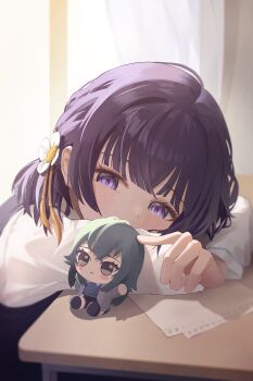 1girl absurdres arm_pillow black_vest character_doll chibigurumi commentary doll gakuen_idolmaster hataya_misuzu hatsuboshi_gakuen_school_uniform highres idolmaster indoors looking_at_doll maka_sill purple_eyes purple_hair school_uniform shirt solo tsukimura_temari vest white_shirt