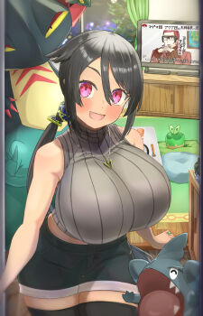 1girl aged_up alternate_breast_size alternate_color applin bare_arms bare_shoulders black_hair blush breasts brown_sweater curvy dragapult dreepy gen_4_pokemon gen_8_pokemon gible hair_between_eyes highres hizakake huge_breasts indoors jewelry looking_at_viewer maxie_(pokemon) necklace nintendo open_mouth pokemon pokemon_(creature) pokemon_oras ponytail purple_eyes ribbed_sweater ring shiny_pokemon short_shorts shorts sleeveless sleeveless_turtleneck smile straddling sweater swept_bangs taut_clothes taut_sweater team_magma television thighhighs thighs turtleneck turtleneck_sweater zinnia_(pokemon)