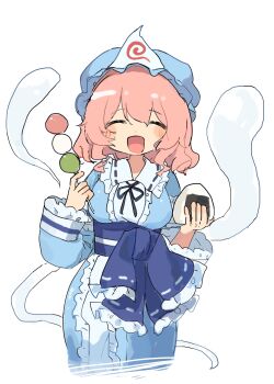 1girl :d breasts closed_eyes cropped_legs dango edamanecha food frills hat highres hitodama holding holding_food japanese_clothes kimono long_sleeves mob_cap onigiri open_mouth saigyouji_yuyuko short_hair smile solo touhou triangular_headpiece wagashi white_background wide_sleeves