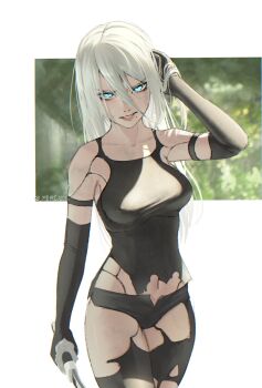 1girl a2_(nier:automata) absurdres android artist_name bare_shoulders black_gloves blue_eyes breasts elbow_gloves gloves highres joints large_breasts long_hair looking_at_viewer mercaxy mole mole_under_mouth navel nier:automata nier_(series) no_blindfold robot_joints shorts sword thighhighs torn_clothes type-4o_sword weapon white_hair yorha
