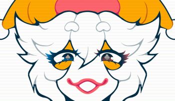 1boy balatro black_eyes clown clown_boy clown_makeup club-shaped_pupils colored_skin commentary english_commentary eyeshadow hair_between_eyes hat highres hosses jester jester_boy jester_cap jimbo_(balatro) looking_at_viewer male_focus mismatched_pupils open_mouth orange_eyeshadow orange_hat personification pom_pom_(clothes) red_hat red_lips short_hair simple_background smile solo spade-shaped_pupils trap two-tone_hat upper_body white_background white_hair white_skin