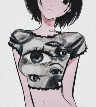 1girl black_eyes black_hair breasts crop_top empty_eyes eye_print head_out_of_frame head_tilt highres inochi_memo_(oosawagidays) looking_at_viewer medium_breasts midriff navel original print_shirt shirt short_hair short_sleeves simple_background solo static upper_body white_background