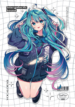 1girl :p ahoge alternate_costume amagi_hana aqua_hair barcode bare_shoulders black_shirt black_shoes blue_hair colored_inner_hair commentary_request english_text full_body galaxy gradient_hair green_eyes grid_background hands_up hatsune_miku highres intergalactic_bound_(vocaloid) looking_at_viewer multicolored_hair pink_hair shirt shoes simple_background solo sparkle streaked_hair tongue tongue_out two_side_up vocaloid watermark white_background
