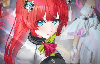 Rule 34 | 1girl, absurdres, akekuri (arknights), ardelia (arknights), arknights, arknights: endfield, ascot, blue eyes, blurry, blurry background, close-up, clothes writing, commentary, endfield uniform, eyes visible through hair, eyjafjalla (arknights), geomiddang, hair ornament, highres, light rays, long hair, looking at viewer, parted lips, pink ascot, red hair, solo focus