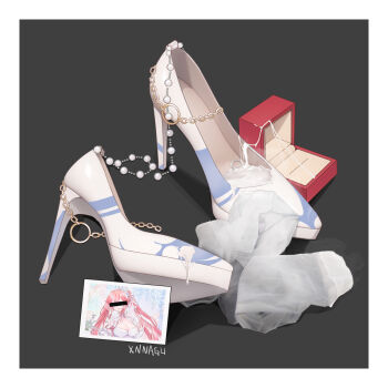 1girl bar_censor black_background border breasts bridal_veil censored censored_identity cleavage cum cum_on_body cum_on_clothes cum_on_feet cumdrip dress feet high_heels highres jewelry no_humans photo_(object) ring sandals see-through_clothes shadow shoes simple_background smell stiletto_heels strappy_heels toes veil wedding_dress white_border white_dress white_footwear xnnagu