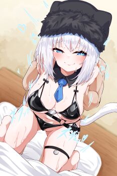 1boy 1girl absurdres animal_ears bare_shoulders bed bed_sheet belt bent_over bikini black_bikini black_hat blue_eyes blush breasts cat_ears cat_girl cat_tail clark_grimms cleavage clothed_female_nude_male clothed_sex commentary_request detached_collar dobrynya_nikitich_(fate) dobrynya_nikitich_(swimsuit_lancer)_(first_ascension)_(fate) fate/grand_order fate_(series) fur_hat hat hetero highres kneeling large_breasts long_hair looking_at_viewer navel necktie nude sex sex_from_behind smile sweat swimsuit tail thigh_strap thighs white_hair