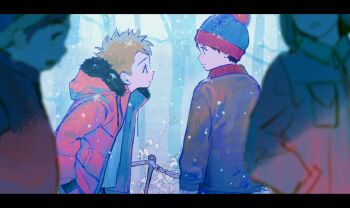 Rule 34 | 4boys, back, black border, black eyes, black hair, blonde hair, blue eyes, blue hat, blue sky, blurry, blurry foreground, border, branch, breast pocket, brown hair, brown jacket, closed mouth, collared jacket, cuf nayl, day, eric cartman, fur-trimmed hood, fur trim, gradient sky, green hat, hand in pocket, hat, highres, hood, hooded jacket, jacket, kenny mccormick, kyle broflovski, long sleeves, looking at another, looking at viewer, male focus, multiple boys, open clothes, open jacket, open mouth, orange jacket, outdoors, pocket, puffy long sleeves, puffy sleeves, red jacket, shirt, short hair, sky, snowing, south park, stan marsh, teeth, tree, white shirt, white sky, winter