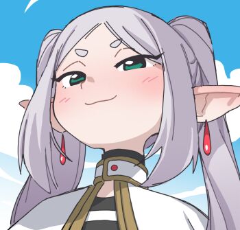 1girl blue_sky capelet commentary commentary_request earrings elf frieren gold_trim green_eyes grey_hair head_back highres jewelry long_pointy_ears looking_at_viewer meme orenjipiiru parted_bangs pointy_ears portrait shirt sky smug solo sousou_no_frieren striped_clothes striped_shirt teardrop_earrings thick_eyebrows twintails upward_angle_frieren_drawing_(meme) v-shaped_eyebrows white_capelet