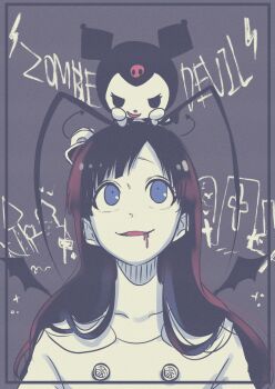 1boy androgynous antenna_hair black_hair bleach blood blood_from_mouth blue_eyes coat commentary_request crossover giselle_gewelle highres ikuno_taso kuromi onegai_my_melody quincy_(bleach) sanrio sternritter trap wandenreich_uniform white_coat