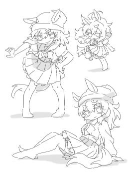 1girl animal_ears beanie beer_hsk bow closed_mouth ears_through_headwear greyscale hair_between_eyes hand_on_own_hip hat highres horse_ears horse_girl horse_tail long_hair monochrome multiple_views nakayama_festa_(umamusume) no_shoes pleated_skirt puffy_short_sleeves puffy_sleeves school_uniform shadow shirt short_sleeves simple_background skirt smile tail thighhighs tracen_school_uniform umamusume white_background