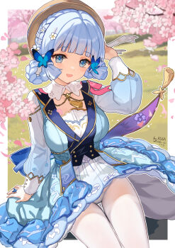 Rule 34 | 1girl, artist name, ayaka (genshin impact), blue butterfly, blue dress, blue eyes, blue hair, blunt bangs, blunt tresses, braid, braided hair rings, brown hat, bug, butterfly, butterfly hair ornament, butterfly ring, cherry blossoms, clothes lift, collar, commentary request, dress, earmuffs, earmuffs around neck, flower, genshin impact, hair flower, hair ornament, hair rings, hair up, hat, hat flower, hat ornament, highres, insect, kamisato ayaka, kamisato ayaka (springbloom missive), kkkula (kula), leaf hat ornament, long sleeves, looking at viewer, mole, mole under eye, multicolored dress, neck tassel, official alternate costume, official alternate hairstyle, panties, panties under pantyhose, pantyhose, polka dot, polka dot panties, puffy long sleeves, puffy sleeves, skirt, skirt lift, smile, solo, tassel, underwear, white collar, white panties, white pantyhose