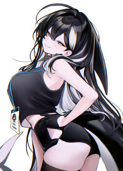 1girl absurdres ass black_gloves black_hair black_shirt breasts fins fish_tail from_side gloves hand_on_own_hip haze_(7h4ze) high-waist_shorts highres id_card lanyard large_breasts looking_at_viewer midriff orca_(haze_(7h4ze)) orca_girl original shirt shorts simple_background sleeveless sleeveless_shirt smile solo tail white_background white_hair yellow_eyes