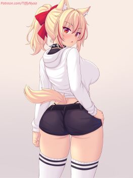 :o animal_ear_fluff animal_ears ass black_panties black_shorts blonde_hair blush breasts cat_ears cat_tail collar gradient_background grey_background hair_between_eyes hair_ribbon highleg highleg_panties highres hood hoodie large_breasts long_sleeves multicolored_hair nottytiffy open_mouth original panties ponytail red_eyes red_hair ribbon short_shorts shorts sidelocks simple_background solo spiked_collar spikes streaked_hair tail thighhighs tiffy_(nottytiffy) two-tone_hair underwear white_hoodie white_thighhighs