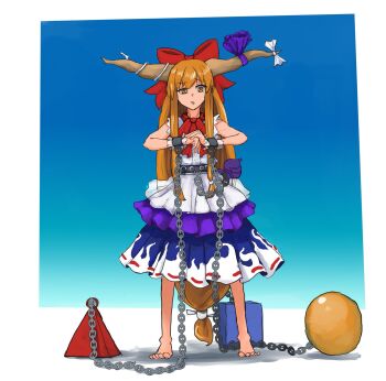Rule 34 | 1girl, barefoot, belt, black belt, blue background, blue skirt, bow, bowtie, brown horns, chain, commentary request, cracking knuckles, cube, cuffs, full body, hair bow, highres, horn bow, horn ornament, horns, ibuki suika, long hair, looking at viewer, low-tied long hair, open mouth, orange eyes, orange hair, orb, purple bow, purple skirt, pyramid (geometry), raised eyebrow, red bow, red bowtie, ribbon-trimmed skirt, ribbon trim, ritsuzou, shirt, sidelocks, skirt, sleeveless, sleeveless shirt, solo, standing, touhou, very long hair, white bow, white shirt