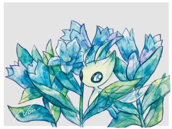 Rule 34 | antennae, blue eyes, celebi, colored skin, fairy wings, flower, flying, gen 2 pokemon, green skin, highres, legendary pokemon, looking at viewer, mythical pokemon, nintendo, no humans, non (kumakawayusu), pokemon, pokemon (creature), pokemon focus, wings