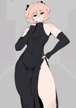 1boy :o astolfo_(fate) black_bow black_dress black_eyes black_eyeshadow black_sleeves blush body_blush bow bulge commentary covered_navel crossdressing crossdressing_(mtf) detached_sleeves dot_nose dress eyeshadow fate_(series) grey_background hair_between_eyes hair_bow hand_on_own_hip hand_on_own_shoulder highres knee_blush littlebeanardo looking_down makeup male_focus nail_polish pink_hair short_hair shoulder_blush side_slit sleeveless sleeveless_dress solo thick_thighs thighs trap