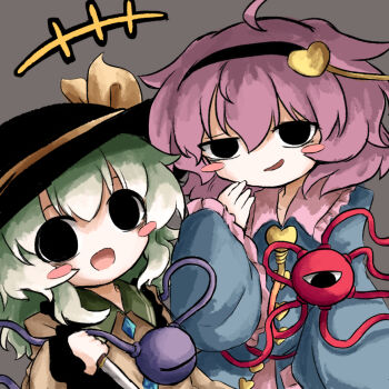 2girls black_eyes black_hairband black_hat blouse blue_shirt blush_stickers buttons diamond_button eyeball frilled_shirt_collar frilled_sleeves frills green_hair hair_ornament hairband hat hat_ribbon heart heart_button heart_hair_ornament heripantomorrow holding holding_knife knife komeiji_koishi komeiji_satori multiple_girls pink_hair ribbon shirt siblings sisters smile smug third_eye touhou wide_sleeves yellow_ribbon yellow_shirt