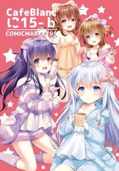 4girls :d akatsuki_(kancolle) alternate_costume animal blue_eyes blue_hair blue_shorts blush bow breasts brown_eyes brown_hair camisole circle_name cleavage collarbone comiket_95 commentary_request cup dark_skin english_text fluffy_clothes folded_ponytail fur-trimmed_jacket fur_trim hair_between_eyes hair_bow hibiki_(kancolle) highres holding holding_animal holding_cup ikazuchi_(kancolle) inazuma_(kancolle) jacket kantai_collection kneehighs long_hair long_sidelocks looking_at_viewer medium_hair motohara_moka mug multiple_girls open_mouth pajamas parted_lips pink_bow pink_camisole pink_jacket polka_dot polka_dot_jacket polka_dot_shorts purple_bow purple_eyes purple_hair purple_jacket purple_shorts purple_socks rabbit red_background scrunchie short_shorts shorts sidelocks simple_background small_breasts smile socks spaghetti_strap star_(symbol) star_symbol_background striped_clothes teeth thighs upper_teeth_only waving white_camisole wrist_scrunchie yellow_bow yellow_camisole yellow_shorts