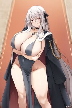 Rule 34 | 1girl, absurdres, aiguillette, arms under breasts, artist name, bare arms, bare legs, black choker, black coat, black ribbon, breasts, choker, cleavage, coat, coat on shoulders, commentary, contrapposto, covered navel, cross, cross necklace, crossed arms, dress, english commentary, evening gown, feet out of frame, fingernails, girls&#039; frontline, groin, hair between eyes, hair over shoulder, hair ribbon, head tilt, highres, huge breasts, iron cross, jewelry, kar98k (girls&#039; frontline), keenh, light blush, long hair, long sidelocks, looking at viewer, necklace, pelvic curtain, pink lips, red carpet, red eyes, ribbon, side slit, sideboob, sidelocks, skindentation, smile, solo, spaghetti strap, standing, thighs, two-sided coat, two-sided fabric, very long hair, white hair, white nails, wide hips