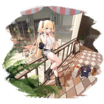 1girl amatsuki_erina amatsuki_erina_(oath) aqua_eyes bag black_bag blonde_hair breasts brown_shoes brown_socks buttons chair checkered_floor chipy choker cleavage day frilled_choker frilled_shirt frills gift hand_on_railing hand_up handbag highres knee_up looking_at_viewer loose_socks midriff_peek non-web_source official_alternate_costume on_railing outdoors plaid_clothes plaid_shorts plant poker_fate potted_plant railing shadow shirt shoes shorts sign skindentation socks solo_focus spaghetti_strap table twintails white_choker