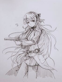 Rule 34 | 1girl, black hairband, commentary request, eiyuu densetsu, elie macdowell, ffuald1013, greyscale, gun, hairband, hajimari no kiseki, handgun, highres, holding, holding gun, holding weapon, long hair, monochrome, sketch, weapon