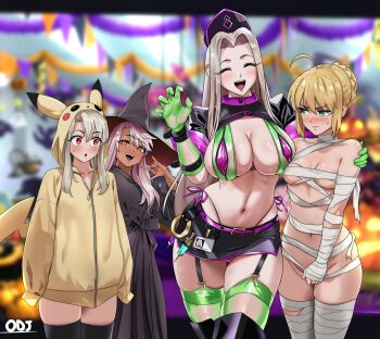 4girls absurdres ahoge artoria_pendragon_(fate) bandages bare_shoulders belt bikini black_boots black_dress black_hat black_skirt blonde_hair blush boots braid breasts chloe_von_einzbern cleavage closed_eyes cosplay dark-skinned_female dark_skin dress elbow_gloves fate/grand_order fate_(series) florence_nightingale_(fate) florence_nightingale_(trick_or_treatment)_(fate) florence_nightingale_(trick_or_treatment)_(fate)_(cosplay) garrison_cap gen_1_pokemon gloves green_bikini green_eyes green_gloves green_thighhighs hair_bun hat highres hood hoodie illyasviel_von_einzbern irisviel_von_einzbern large_breasts layered_bikini long_hair long_sleeves looking_at_viewer looking_to_the_side medium_breasts miniskirt multiple_girls mummy_costume naked_bandage navel nintendo oldmanjenkins84 open_mouth orange_eyes parted_bangs pikachu pikachu_(cosplay) pikachu_hood pikachu_tail pink_hair pokemon pokemon_tail purple_belt purple_bikini red_eyes revealing_clothes saber_(fate) short_sleeves shrug_(clothing) sidelocks skirt small_breasts smile swimsuit tail thigh_boots thighhighs thighhighs_under_boots thighs white_hair witch_hat yellow_hoodie