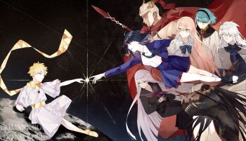3boys 5girls ahoge armor black_hair blonde_hair blue_eyes blue_hair blue_skirt breasts cape commission dinosaur dress fate/requiem fate_(series) fine_art_parody galahad_alter_(fate) grandmother_and_granddaughter green_eyes helmet highres holding holding_polearm holding_weapon karin_(fate) kijo_kouyou_(fate) kijo_kouyou_(first_ascension)_(fate) koharu_f_riedenflaus long_hair lucius_longinus_(fate) manazuru_chitose medium_breasts multiple_boys multiple_girls necktie parody polearm red_cape roman_armor sailor_dress scarf short_hair skirt star_(sky) star_(symbol) the_creation_of_adam totetote_x utsumi_erice voyager_(fate) weapon white_hair yellow_eyes