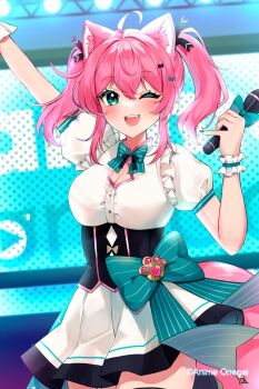 1girl :d ahoge alternate_costume animal_ear_fluff animal_ears anime_onegai aqua_bow aqua_bowtie aqua_eyes aqua_nails arm_up black_corset blush bow bowtie breasts cat_ears cat_tail cleavage commentary copyright_name copyright_notice corset cowboy_shot english_commentary fang frilled_shirt frilled_wristband frills hair_between_eyes hair_ribbon hand_up highres holding holding_microphone idol_clothes large_bow logo looking_at_viewer microphone nina_amaki nyami_g one_eye_closed open_mouth paw_brooch pink_hair pink_tail pleated_skirt puffy_short_sleeves puffy_sleeves ribbon shirt short_hair short_sleeves skirt smile solo stage stage_lights tail taut_clothes taut_shirt two_side_up white_shirt white_skirt
