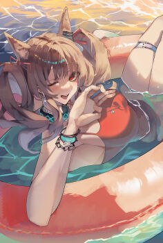 1girl 80illu absurdres angelina_(arknights) angelina_(summer_flower)_(arknights) animal_ears arknights blush breasts brown_hair casual_one-piece_swimsuit commentary_request earpiece fox_ears fox_girl highres infection_monitor_(arknights) jewelry large_breasts long_hair looking_at_viewer necklace official_alternate_costume on_innertube one-piece_swimsuit one_eye_closed open_mouth red_eyes red_one-piece_swimsuit red_ribbon ribbon solo swimsuit teeth thigh_strap twintails upper_teeth_only water